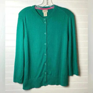 LL Bean Cotton Knit Button Down Green Cardigan Sweater Size Large